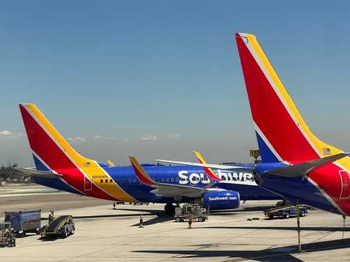 shutterstock_2482683095.jpg Southwest Airlines planes parked at an airport