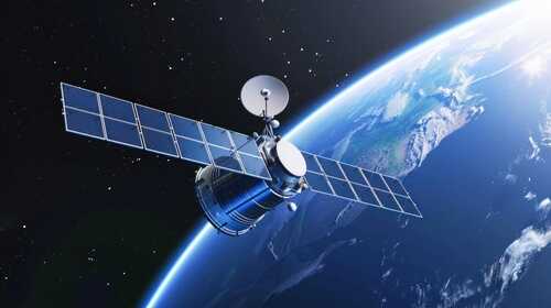 Satellite orbiting Earth with solar panels visible