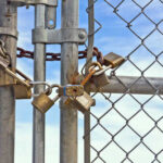 A locked gate secured with multiple padlocks