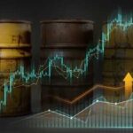 Three oil barrels with a financial graph showing upward trends