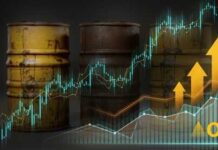 Three oil barrels with a financial graph showing upward trends