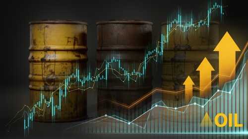 shutterstock_2394913917.jpg Three oil barrels with a financial graph showing upward trends