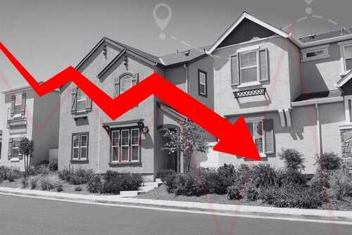 shutterstock_2395666253.jpg A suburban house with a downward trend line overlay indicating a decline