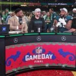 Sports analysts discussing on set after a football game