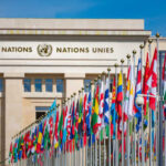 Flags of various nations in front of the United Nations building