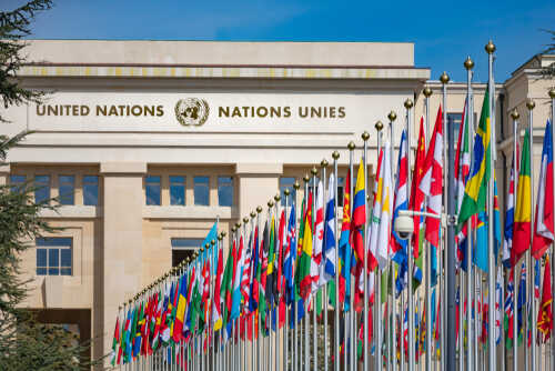 Flags of various nations in front of the United Nations building