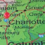 Map showing Charlotte, North Carolina with a red location pin