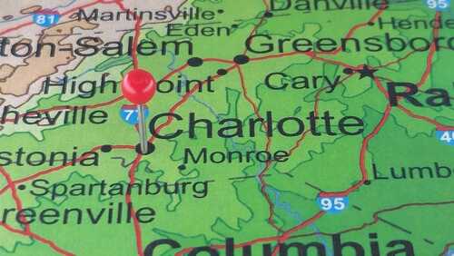 shutterstock_2511595405.jpg Map showing Charlotte, North Carolina with a red location pin