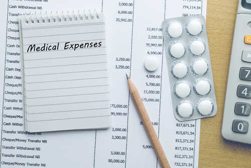 Notepad titled 'Medical Expenses' next to a calculator and medication