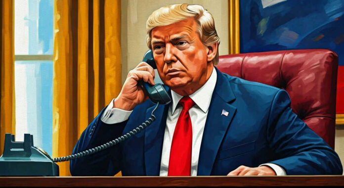 Person in suit holding phone sitting at desk