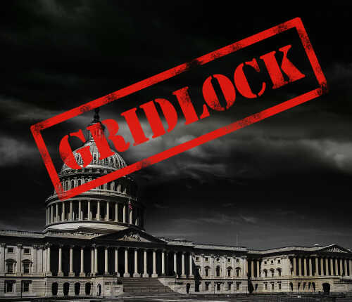 The U.S. Capitol building with a red 'GRIDLOCK' stamp overlay