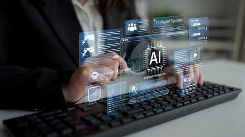 shutterstock_2669019129.jpg Person interacting with a digital interface displaying AI-related information