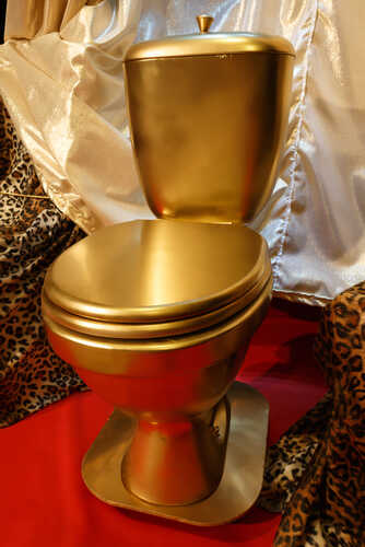 A shiny golden toilet displayed against a backdrop of satin and leopard print fabric