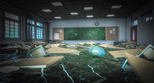 A flooded classroom with desks and chairs submerged in water