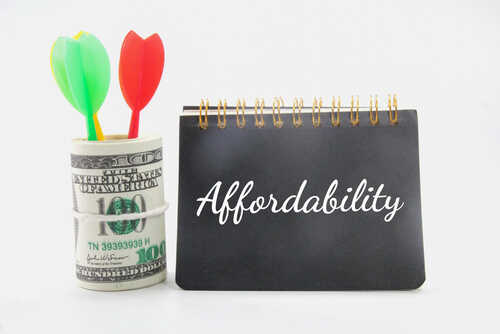 A notepad with the word 'Affordability' next to a roll of money and colorful darts