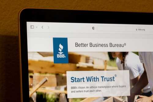 shutterstock_2236907459.jpg Screenshot of the Better Business Bureau website displaying the 'Start With Trust' message