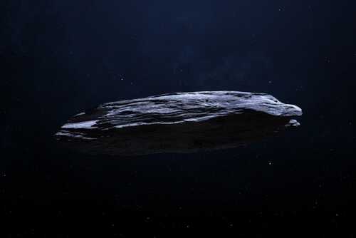A large, elongated object floating in space against a dark background