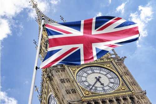 Union Jack flag waving in front of Big Ben clock tower