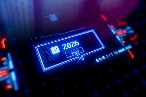 Futuristic digital interface displaying a year and a start button