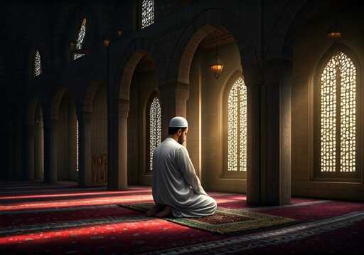 A person praying in a mosque with sunlight streaming through ornate windows
