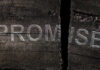 Close-up of a cracked wooden surface with the word 'PROMISE' etched into it