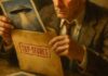 A man examining a top-secret folder containing an image of a UFO