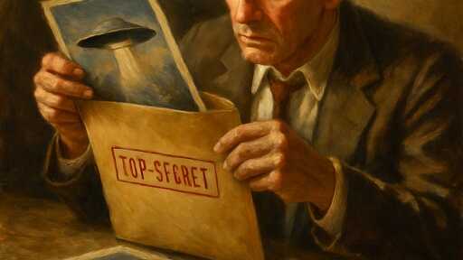 A man examining a top-secret folder containing an image of a UFO