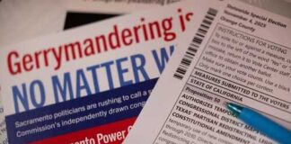 Close-up of election materials including a ballot and informational flyers