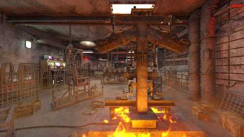 Interior of an abandoned industrial space with rusty machinery and a dark ambiance