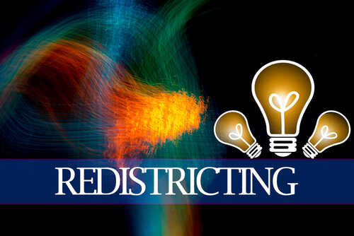 shutterstock_513668473.jpg Abstract colorful design with light bulbs and the word 'REDISTRICTING'