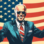 Smiling man in suit with American flag background.