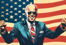 Smiling man in suit with American flag background.