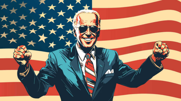 Smiling man in suit with American flag background.