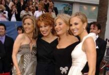 Four women posing together on a red carpet at a formal event
