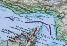 Detailed geographical map showing the Strait of Hormuz and surrounding areas