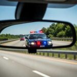 View of a police car with flashing lights in a rearview mirror