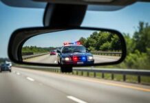 View of a police car with flashing lights in a rearview mirror