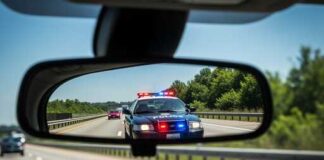 View of a police car with flashing lights in a rearview mirror