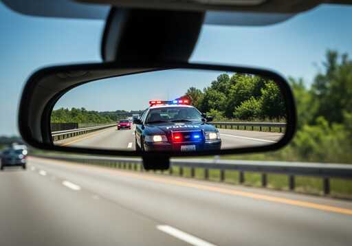 shutterstock_2720257241.jpg View of a police car with flashing lights in a rearview mirror