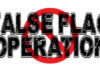 Graphic design featuring the words 'False Flag Operation' with a red prohibition symbol