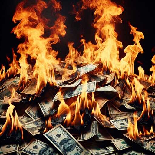 A pile of burning dollar bills engulfed in flames