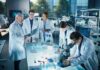 Group of scientists in a laboratory working together on experiments
