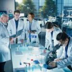 Group of scientists in a laboratory working together on experiments