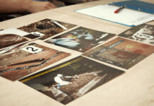 Collection of photographs laid out on a table for analysis