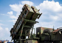Missile launcher pointed towards the sky.