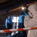 Forensic investigator in protective gear photographing a crime scene in an attic