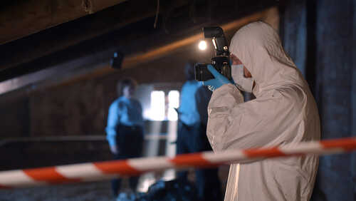 Forensic,Specialist,With,Photo,Camera,Standing,At,Crime,Scene.,Portrait Forensic investigator in protective gear photographing a crime scene in an attic