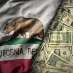 California flag with a bear overlaid on a background of dollar bills