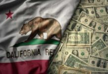 California flag with a bear overlaid on a background of dollar bills