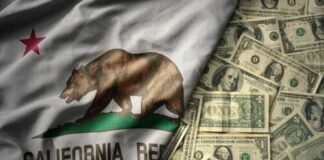 California flag with a bear overlaid on a background of dollar bills